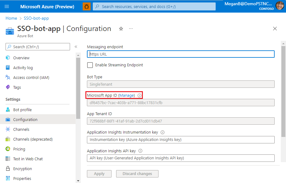 Screenshot shows the Bot resource configuration.