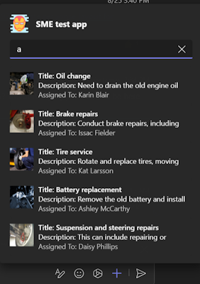 Screenshot shows an example of compose extension displaying an array of preview cards when searching for a specific word. In this case, searching for 'a' in the 'test app' returns five cards showing 'Title', 'Description' (truncated) and 'AssignedTo' properties and values in each one.