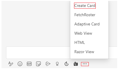 Screenshot of message compose box overflow menu with Create Card highlighted in red.