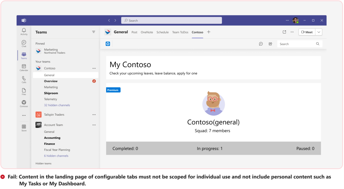 Graphic shows an example of content in a configurable tab with personal scope such as My tasks or My dashboard.