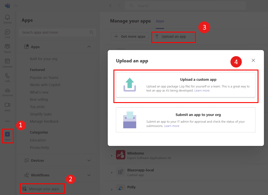 Screenshot shows the option to upload a custom app in Teams.