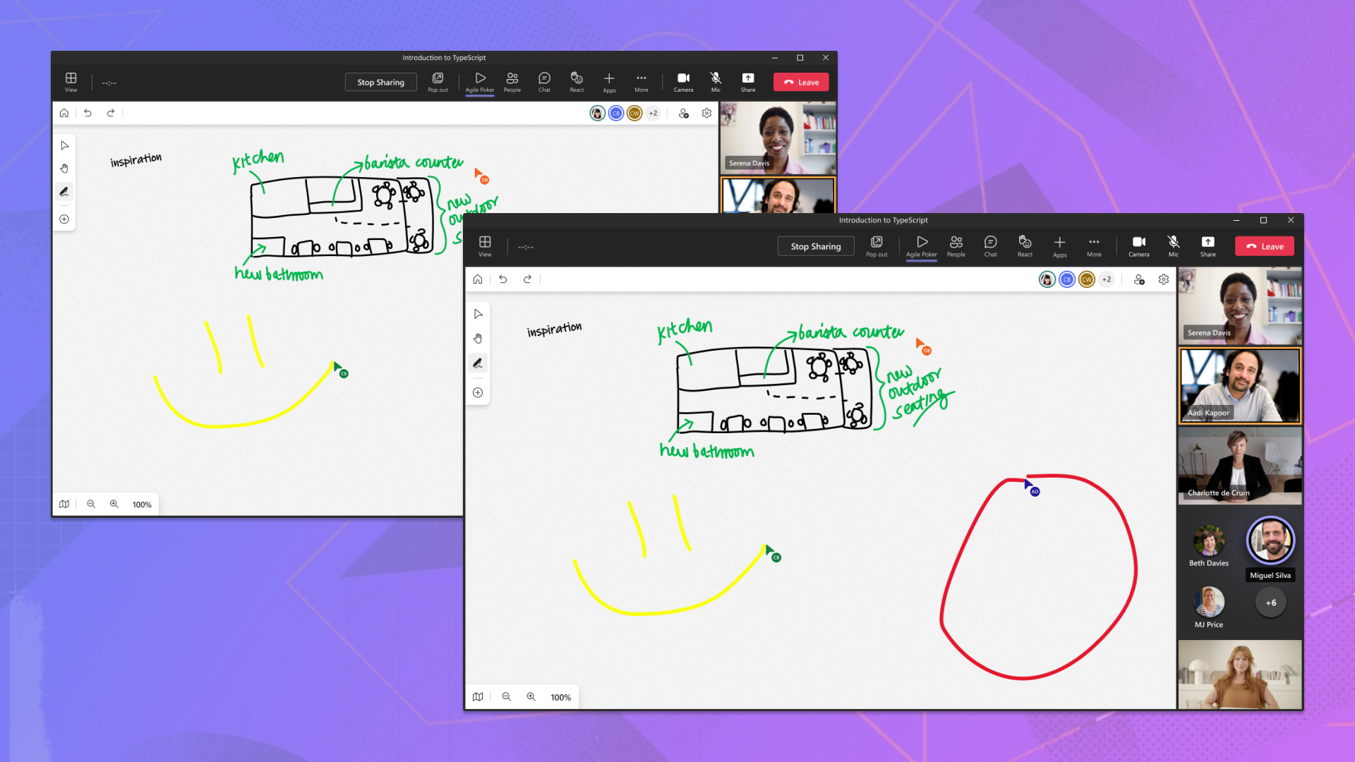 Screenshot shows an example of a canvas in sync with other meeting participants in a Teams meeting.