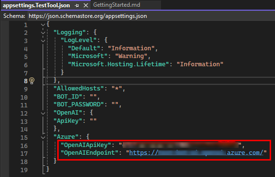 Screenshot displays the updated OpenAI key and endpoint for Azure.