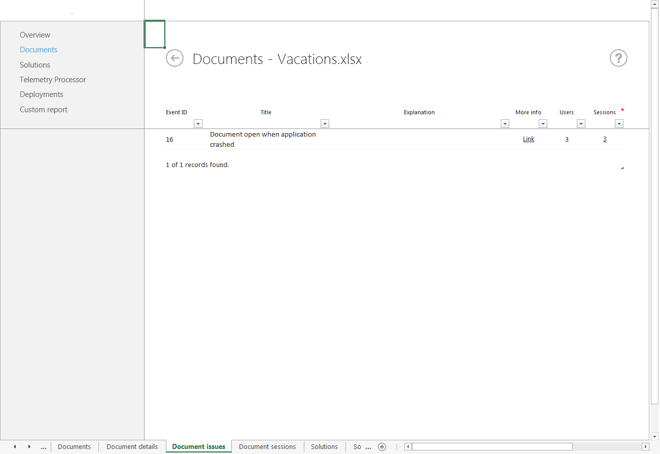 A screenshot of document issues for Vacations.xlsx showing application crashes.