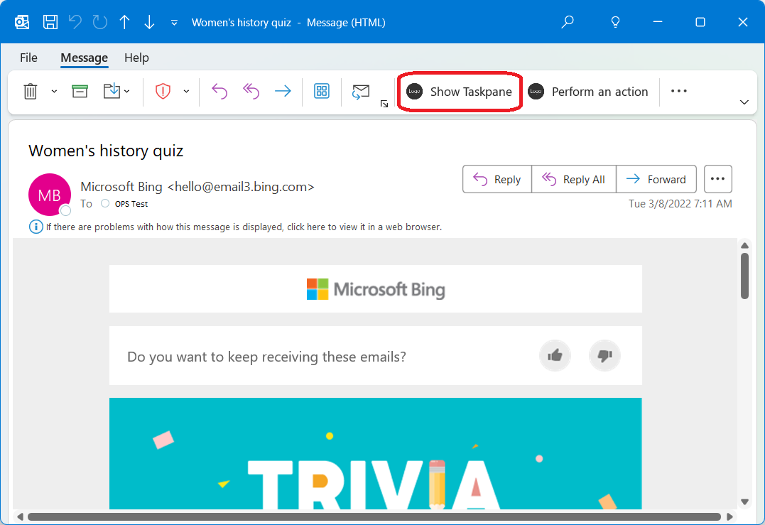 A message window in Outlook with the add-in ribbon button highlighted.