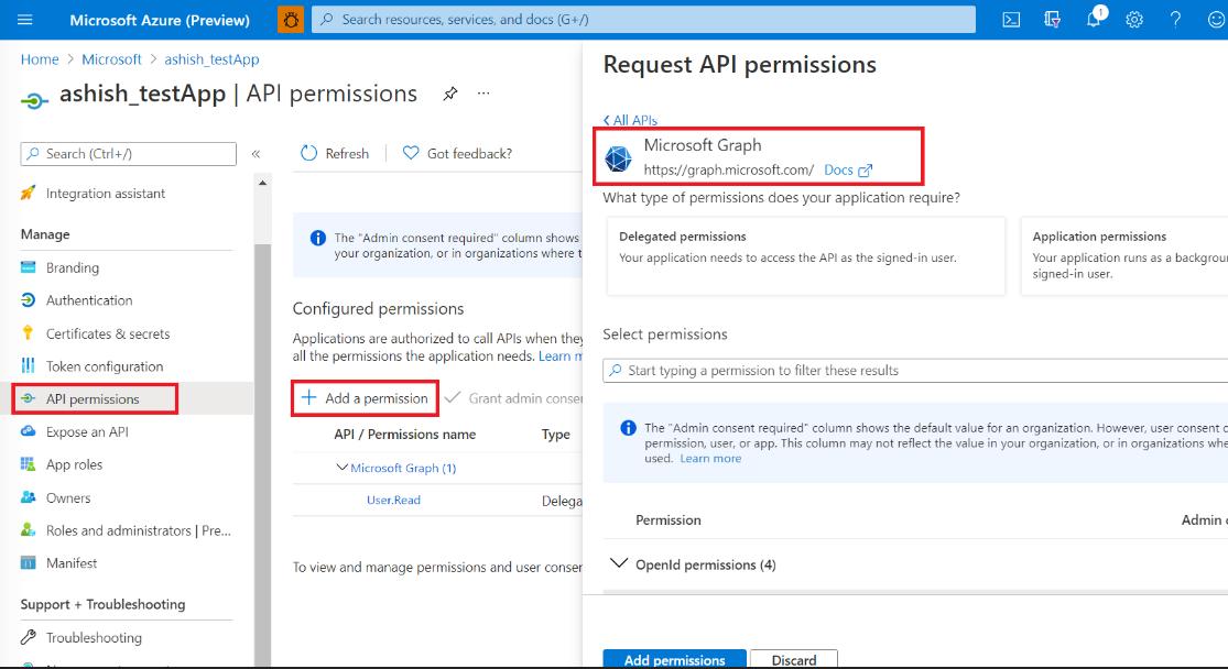 Snímek obrazovky s oprávněními žádosti na webu Azure Portal s vybranou možností Microsoft Graph