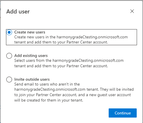 snímek obrazovky s výběrem možnosti Vytvořit nové uživatele v dialogovém okně Přidat uživatele v Partnerském centru