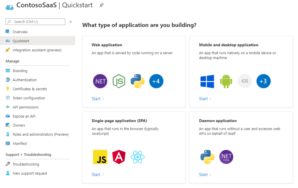 Znázorňuje okno Rychlé zprovoznění na webu Azure Portal.