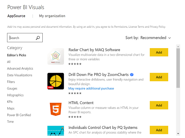 snímek obrazovky se seznamem doplňků AppSource z Power BI.