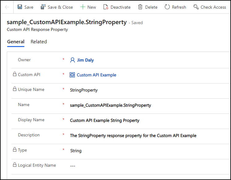 Custom API Response Property Form.