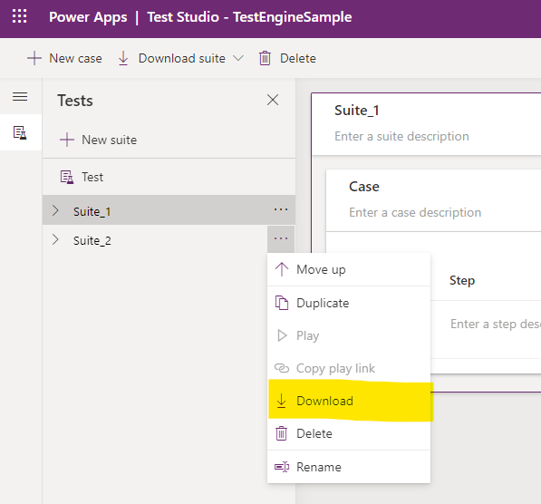 Screenshot of Test Studio download test suite individual button
