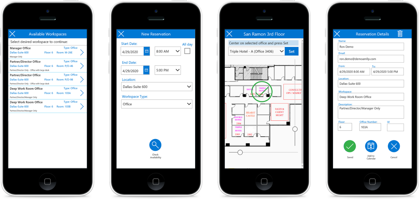 Screenshot mobilní aplikace Armanino Workspace Scheduler.