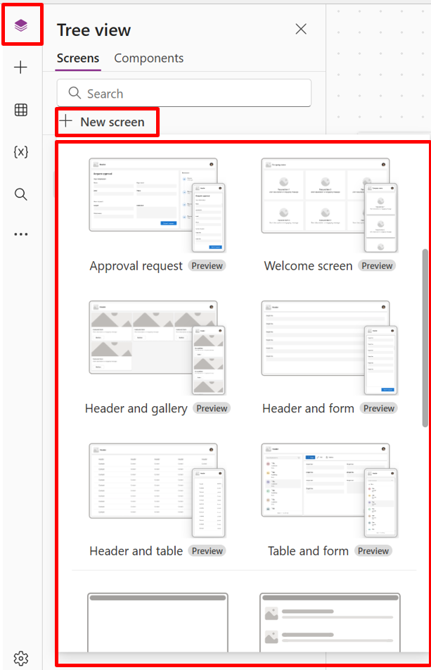 Snímek obrazovky nabídky Nová obrazovka v Power Apps Studio se zobrazenými dostupnými rozvrženími.