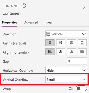 Vlastnost Vertical Overflow kontejneru nastavená na Scroll.