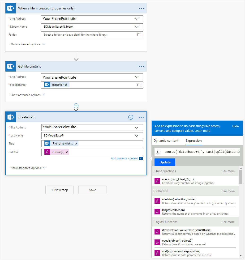 Snímek obrazovky pracovního postupu Power Automate, který ukazuje kroky pro převod souborů 3D modelu v knihovně dokumentů SharePoint do kódování Base64.