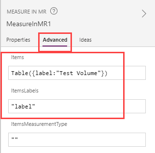 Snímek obrazovky tlačítka Measure in 3D ve výstavbě v aplikaci Microsoft Power Apps Studio, zobrazené spolu s jeho vlastnostmi Items a ItemsLabels.