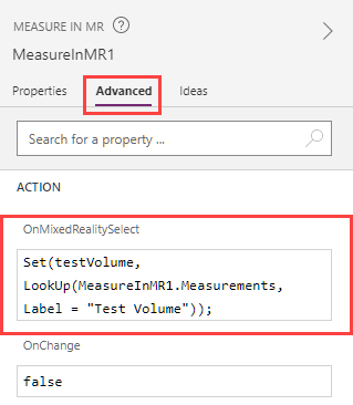 Snímek obrazovky tlačítka Measure in 3D ve výstavbě v aplikaci Microsoft Power Apps Studio, zobrazené spolu s jeho vlastností OnMixedRealitySelect.