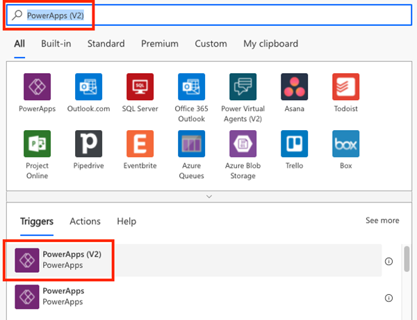 Snímek obrazovky editačního okna Power Automate s vybraným triggerem PowerApps.