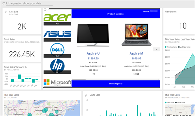 Řídicí panel Power BI s vloženou aplikací.