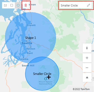 Snímek obrazovky ovládacího prvku Mapa s ukázkovými tvary a popisky, se zvýrazněnou ikonou koše a polem popisku.