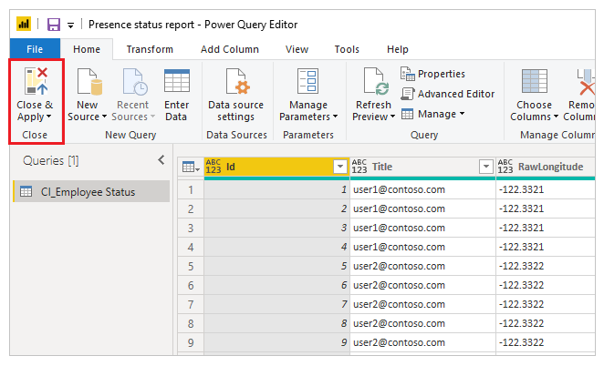 Příkaz Zavřít a použít v Power Query.