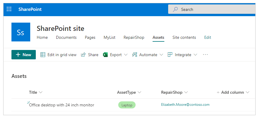 Snímek obrazovky zobrazující prostředky vytvořené v SharePoint.