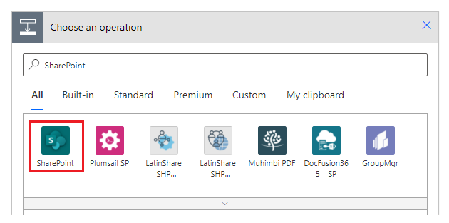 Snímek obrazovky, který ukazuje, kde můžete hledat nebo zvolit konektor SharePoint při výběru operace.