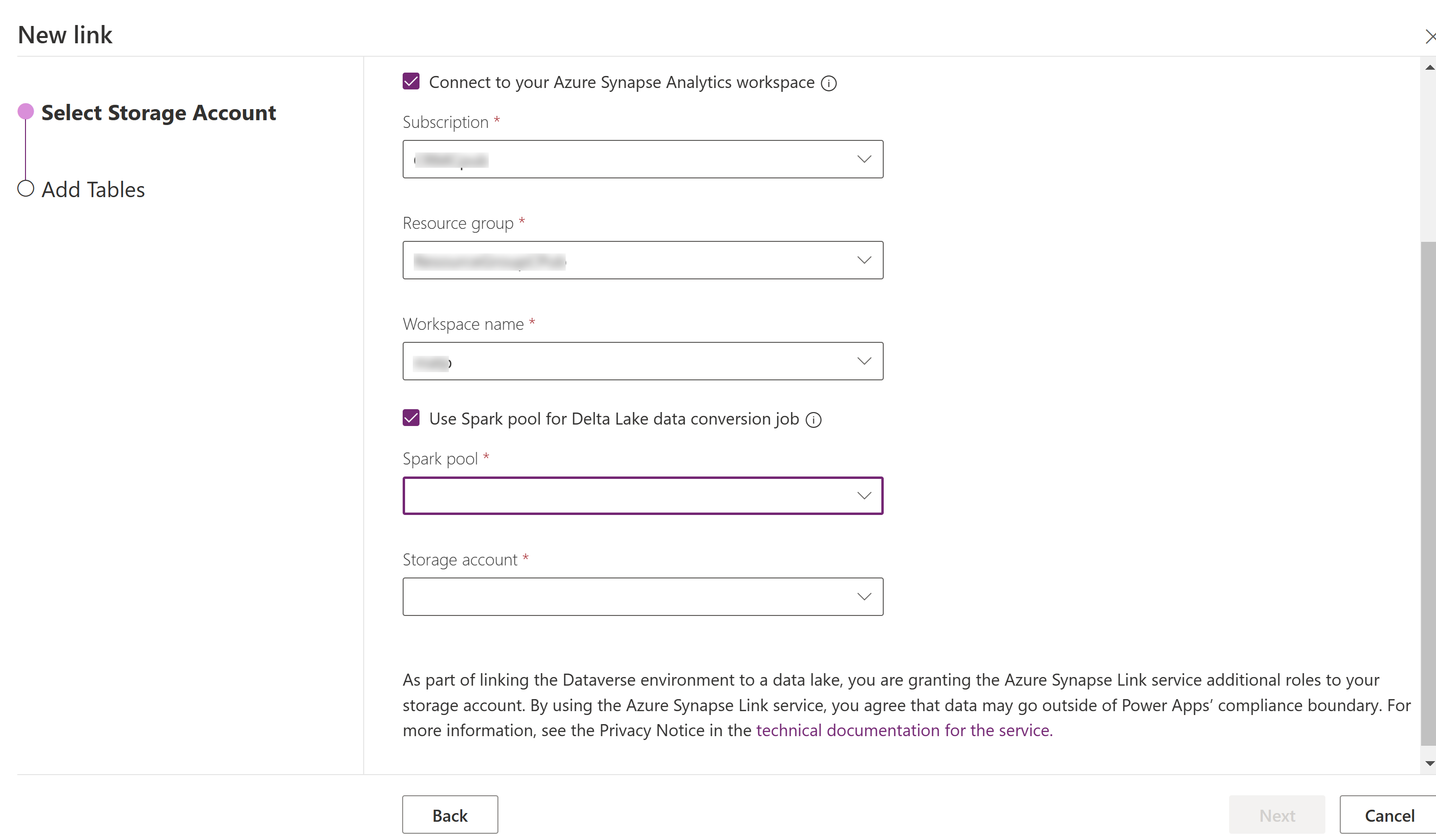 Konfigurace Azure Synapse Link for Dataverse, která zahrnuje fond úloh Spark.