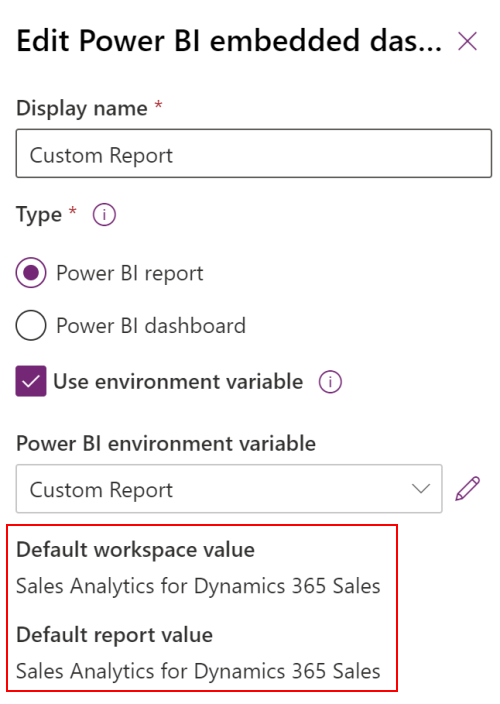 Náhled hodnoty proměnné prostředí Power BI Embedded.