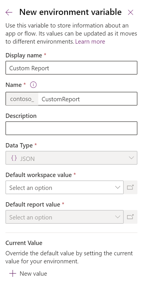 Panel proměnných prostředí Power BI Embedded.