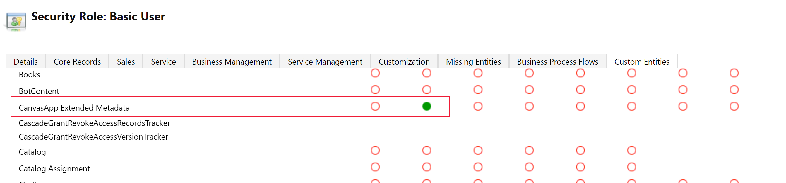 Nastavte oprávnění ke čtení rozsahu organizace v tabulce CanvasApp Extended Metadata