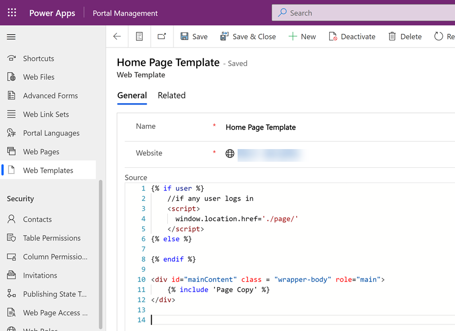 Nová webová šablona s přidaným kódem JavaScript.