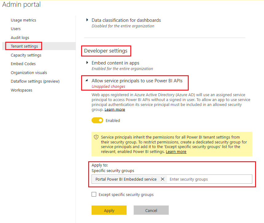 Přidejte skupinu zabezpečení na portál pro správu Power BI.