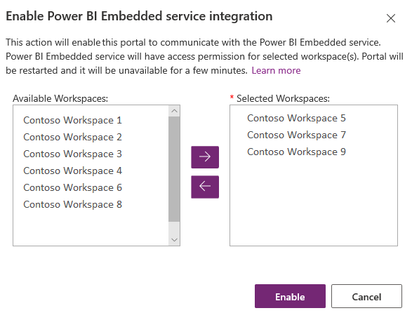 Vyberte pracovní prostory Power BI.