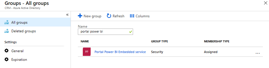 Vyhledejte a vyberte skupinu zabezpečení pro službu Power BI Embedded.