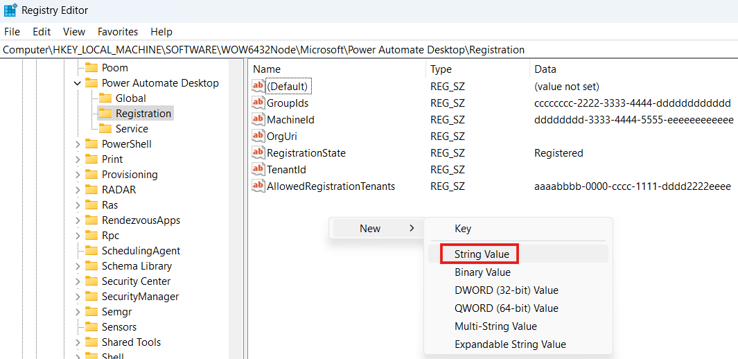 Snímek obrazovky zobrazující vytvoření řetězcové hodnoty v klíči registru registrace Power Automate desktop.