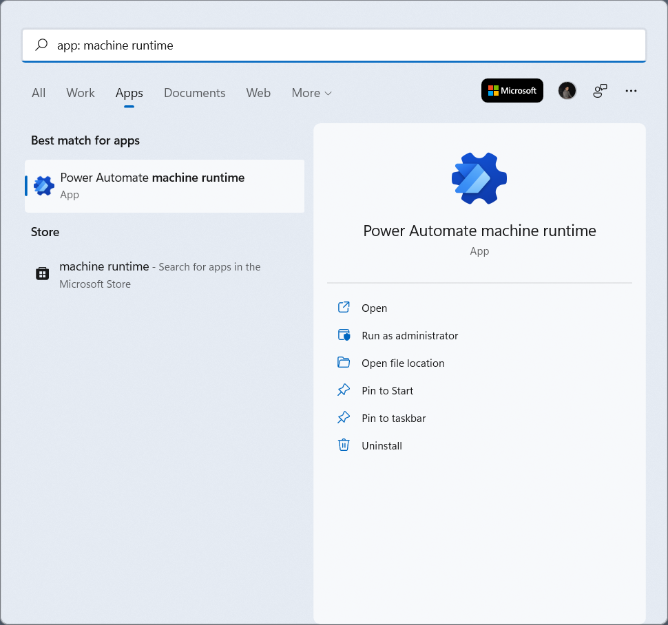 Snímek obrazovky aplikace machine-runtime ve vyhledávací nabídce Windows.