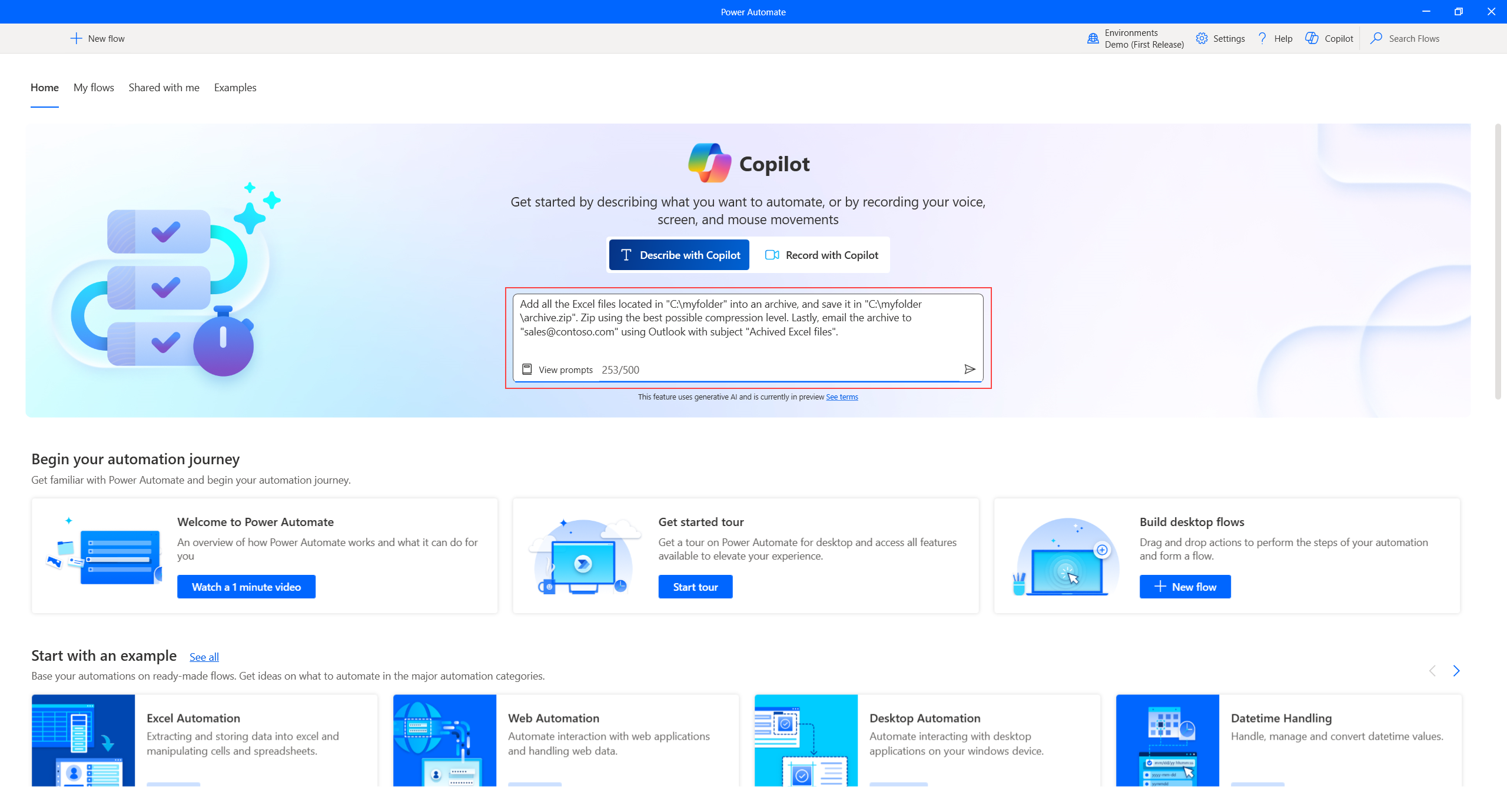 Snímek obrazovky, který ukazuje, kde pracovat s Copilotem na domovské stránce počítače Power Automate.