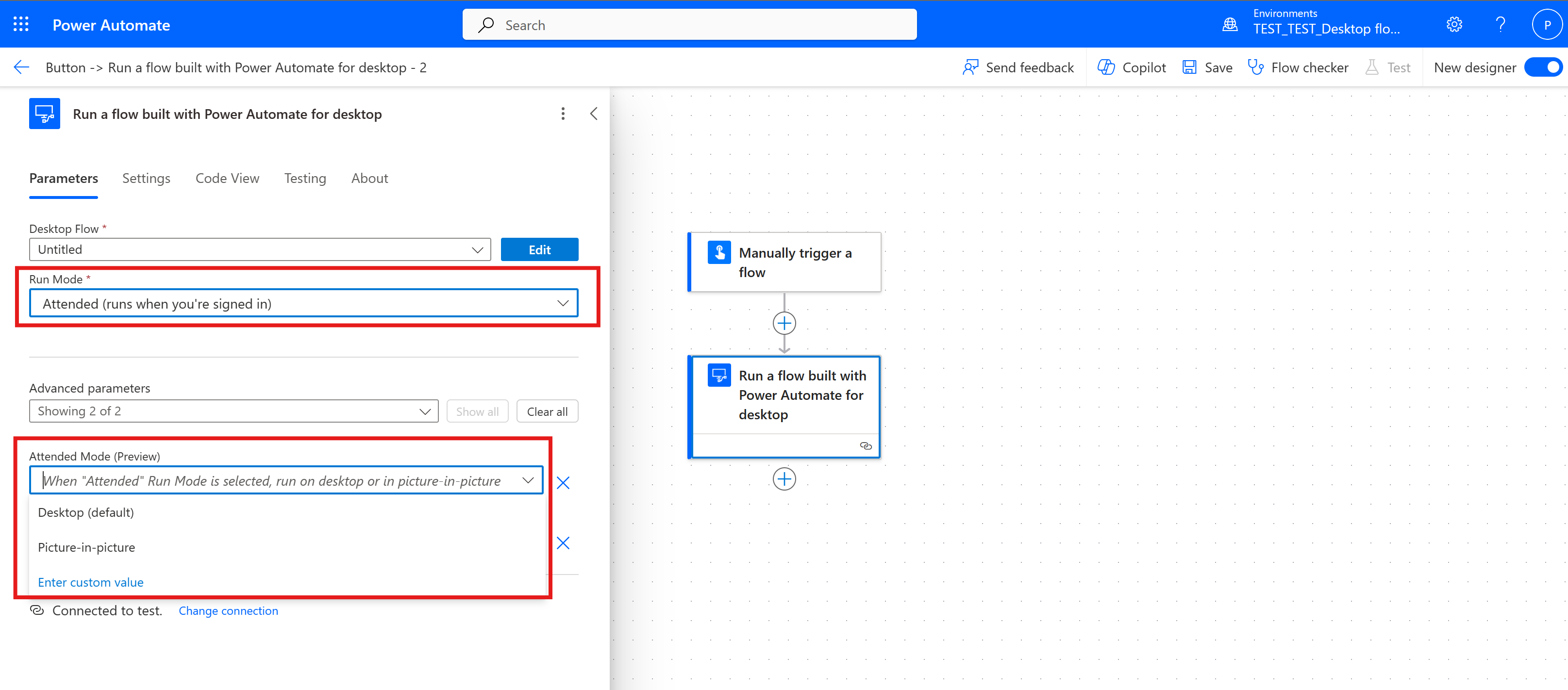 Nastavte parametr Obslužný režim v části Spustit tok vytvořený pomocí cloudové akce Power Automate pro desktop.