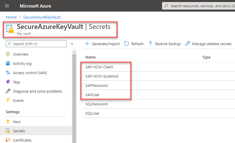 Snímek obrazovky Azure Key Vault s následujícími tajnými kódy: SAP-HCM-Client, SAP-HCM-SystemId, SAPPassword a SAPUser.