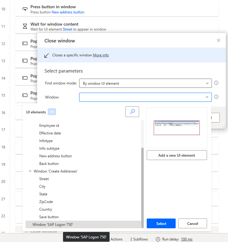 Snímek obrazovky okna návrháře Power Automate Desktop s otevřeným dialogovým oknem Zavřít a otevřeným seznam proměnných a vybranou položkou Window SAP Login 760.