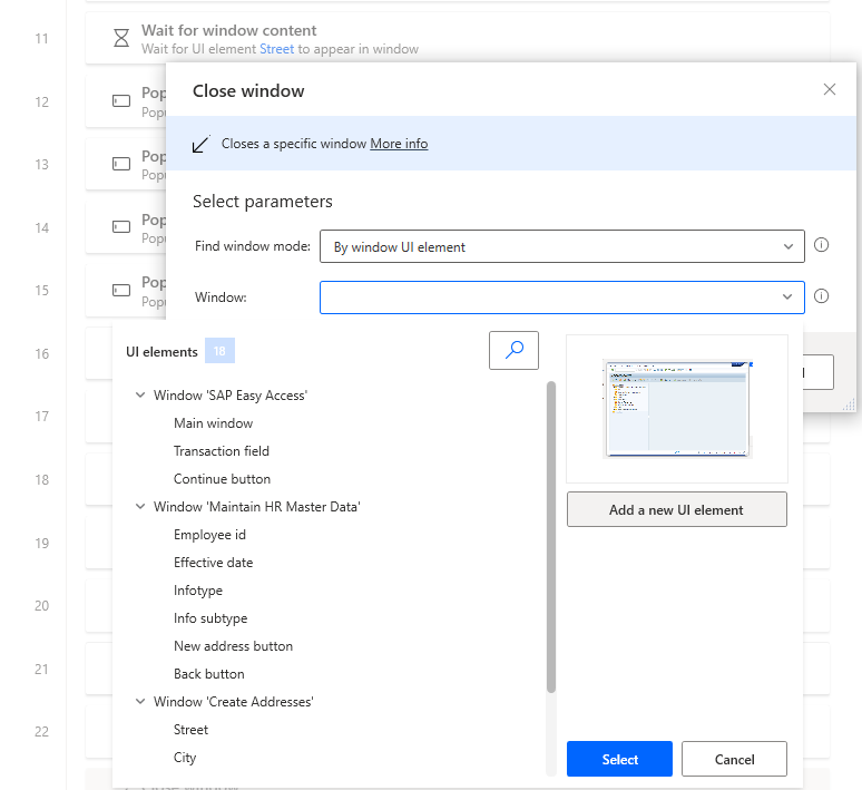 Snímek obrazovky okna návrháře Power Automate Desktop s otevřeným dialogovým oknem Zavřít a otevře se seznam proměnných.