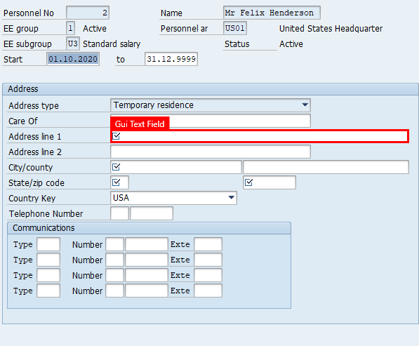 Screenshot okna Vytvořit adresy v systému SAP Easy Access se zvýrazněním v poli Adresní řádek 1 v oblasti Adresa.