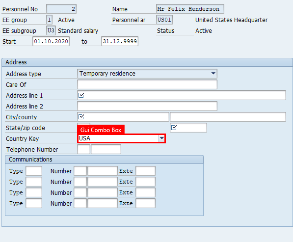 Screenshot okna Vytvořit adresy v systému SAP Easy Access se zvýrazněním v poli Klíč země v oblasti Adresa.