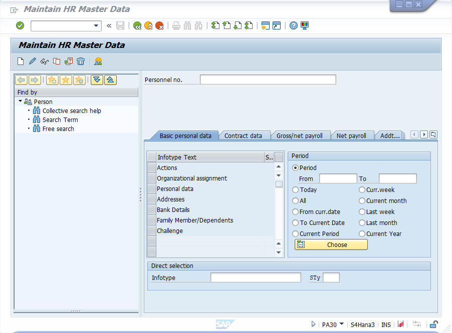 Screenshot okna Maintain HR Master Data aplikace SAP Easy Access.