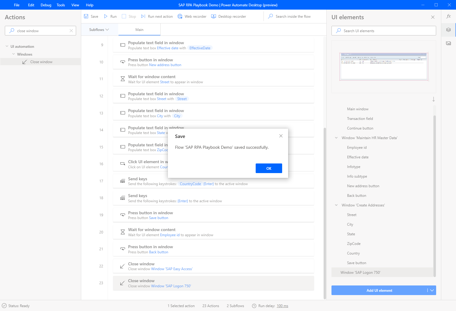 Snímek obrazovky okna návrháře Power Automate Desktop s otevřeným dialogovým oknem Uložit.