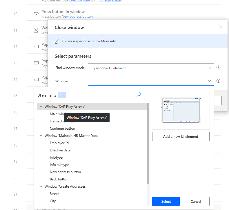 Snímek obrazovky okna návrháře Power Automate Desktop s otevřeným dialogovým oknem Zavřít a otevřeným seznam proměnných a vybranou položkou Windows SAP Easy Access.