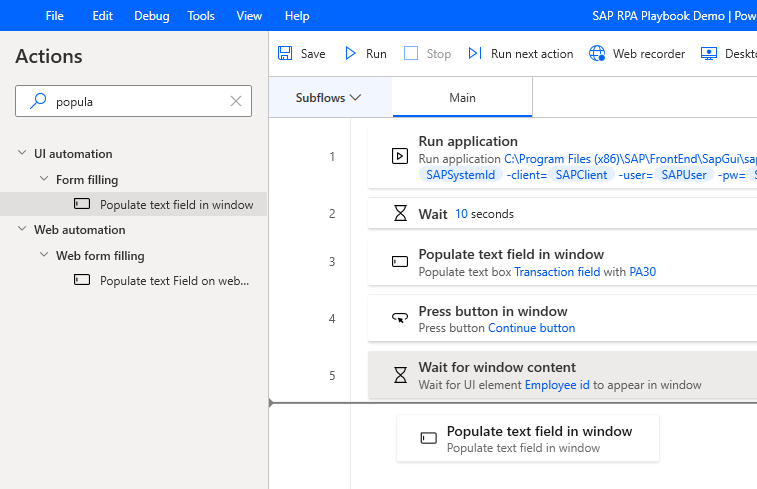 Snímek obrazovky okna návrháře Power Automate Desktop s přidáním Vyplnit textové pole v okně z podokna Akcí po Počkat na obsah okna.