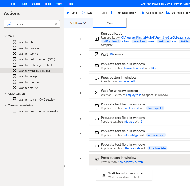 Snímek obrazovky okna návrháře Power Automate Desktop s přidáním Počkat na obsah okna z podokna Akcí po tlačítku Nová adresa.