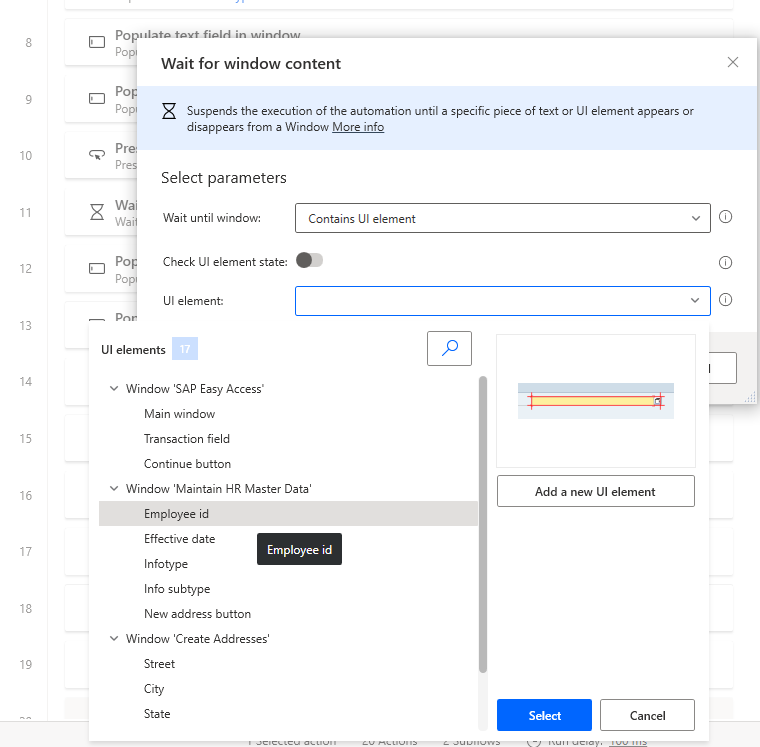 Snímek obrazovky okna návrháře Power Automate Desktop s otevřeným dialogovým oknem Počkat na obsah okna a otevře se seznam proměnných.